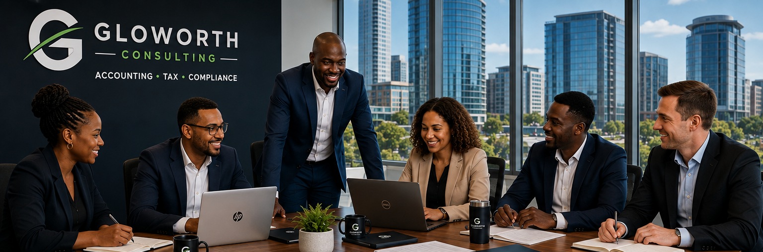 Gloworth accounting and tax professionals collaborating in a modern office